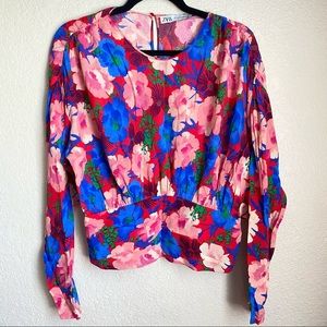 Zara draped floral print top long sleeve small